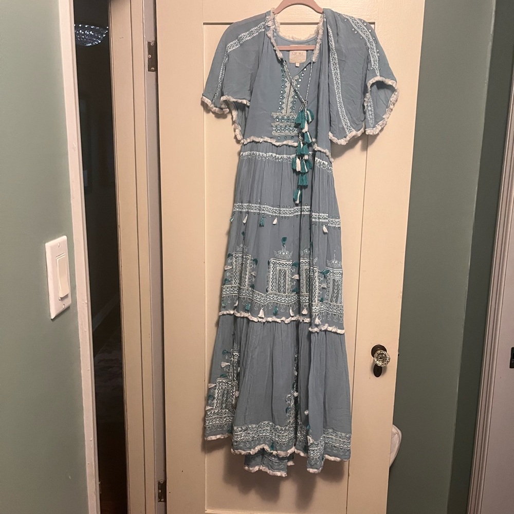 Gorgeous Flowing Sky Blue Maxi Dress Embroidered Green Silver XS